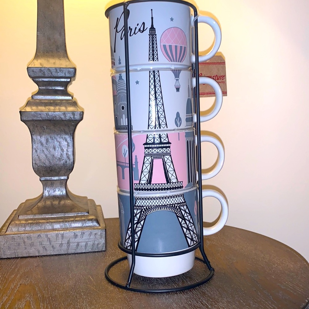 4ct Stackable Paris Eiffel Tower Mugs & Metal Rack